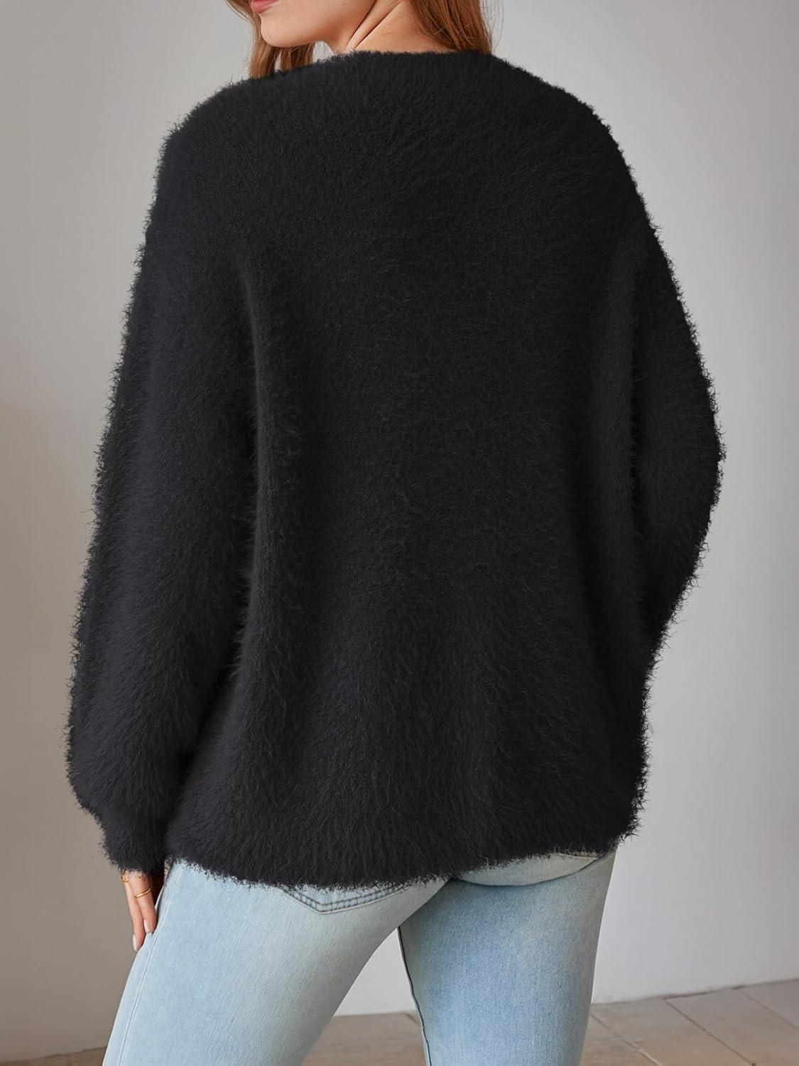 imageLILLUSORY Women Chunky Cardigan Sweater Fall Oversized Cozy Bow Tie Front Outfit V Neck Trendy Fashion Fuzzy ClothesBlack