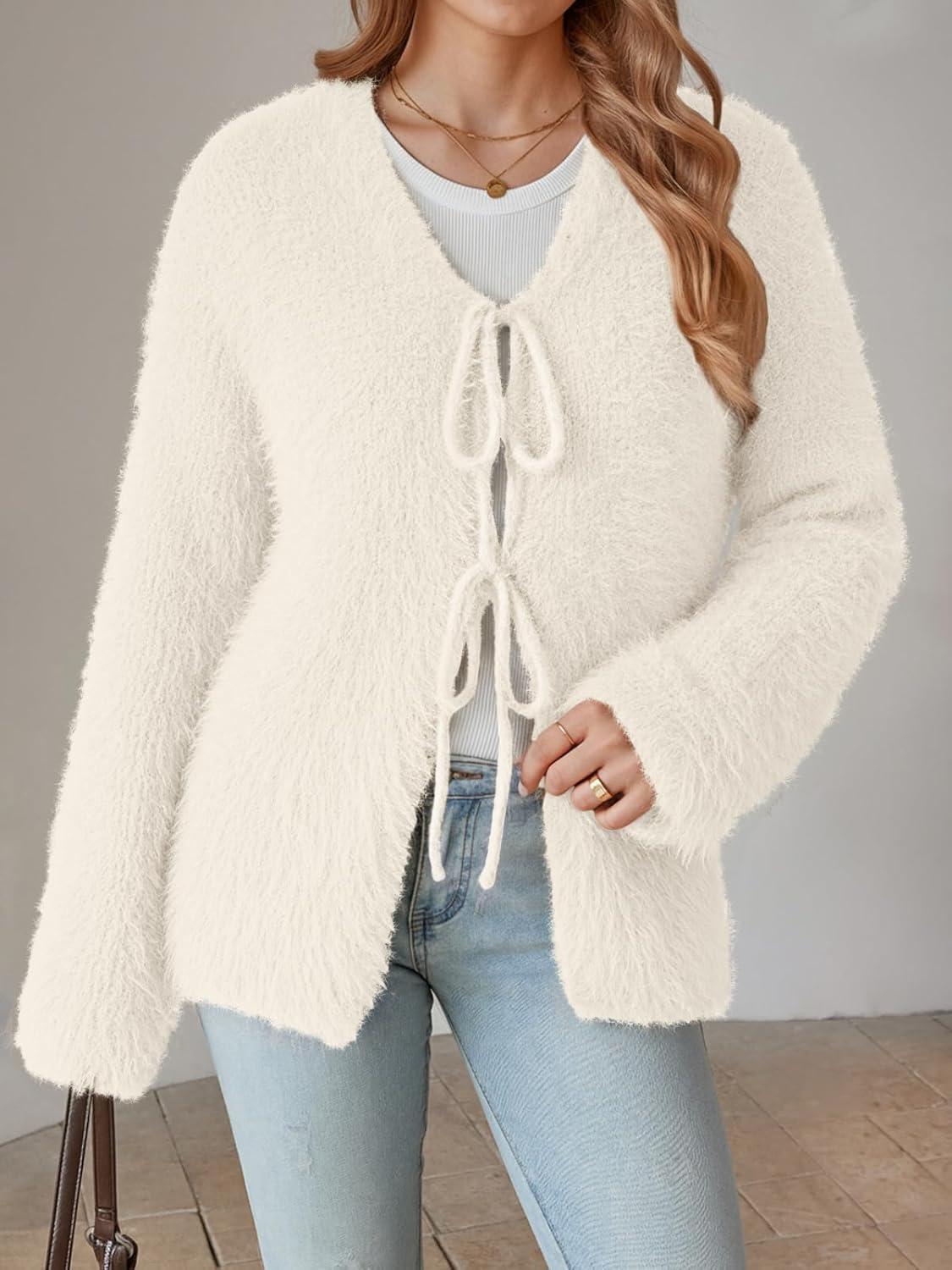 imageLILLUSORY Women Chunky Cardigan Sweater Fall Oversized Cozy Bow Tie Front Outfit V Neck Trendy Fashion Fuzzy ClothesCream