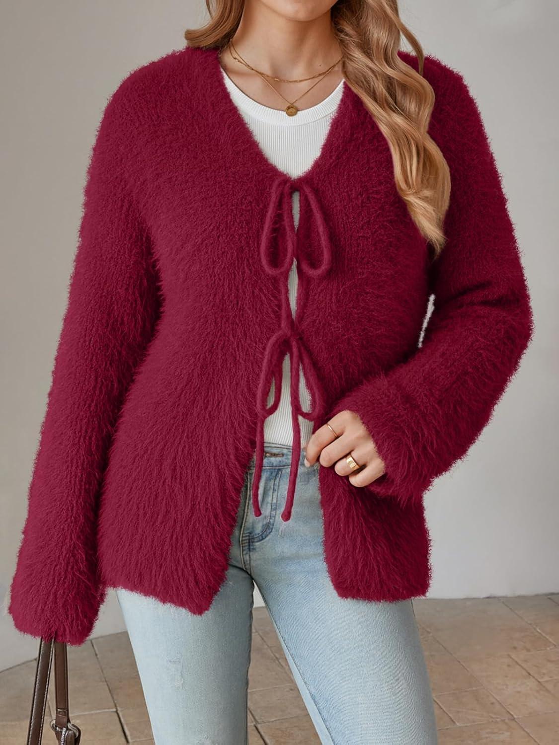 imageLILLUSORY Women Chunky Cardigan Sweater Fall Oversized Cozy Bow Tie Front Outfit V Neck Trendy Fashion Fuzzy ClothesWine