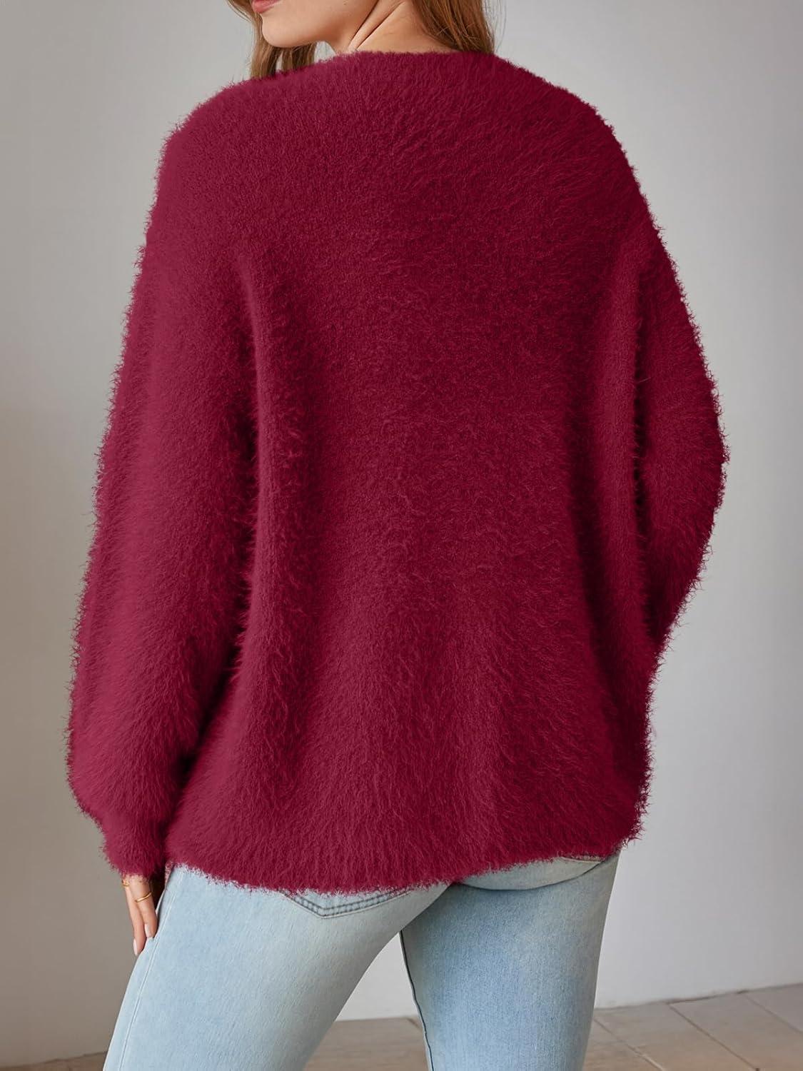 imageLILLUSORY Women Chunky Cardigan Sweater Fall Oversized Cozy Bow Tie Front Outfit V Neck Trendy Fashion Fuzzy ClothesWine