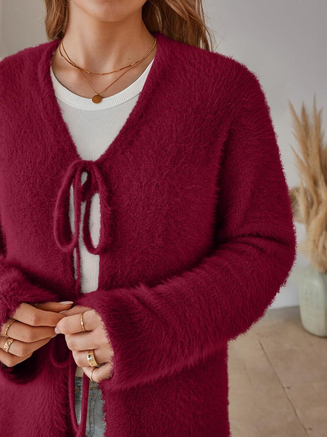 imageLILLUSORY Women Chunky Cardigan Sweater Fall Oversized Cozy Bow Tie Front Outfit V Neck Trendy Fashion Fuzzy ClothesWine