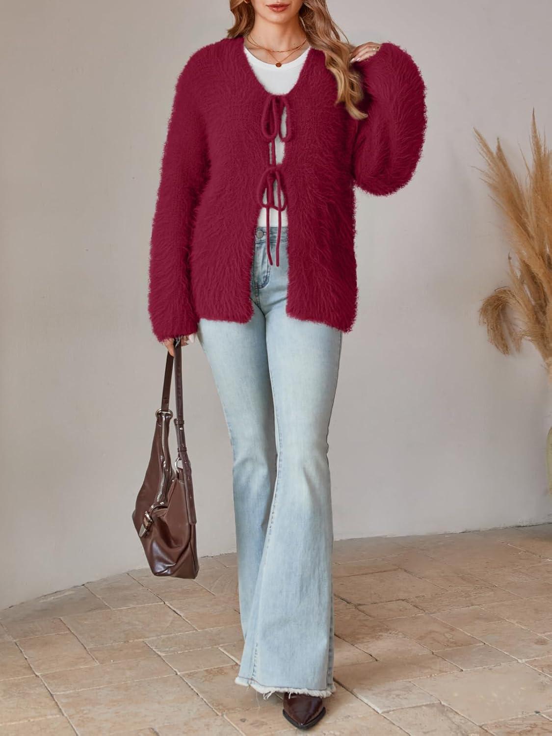 imageLILLUSORY Women Chunky Cardigan Sweater Fall Oversized Cozy Bow Tie Front Outfit V Neck Trendy Fashion Fuzzy ClothesWine