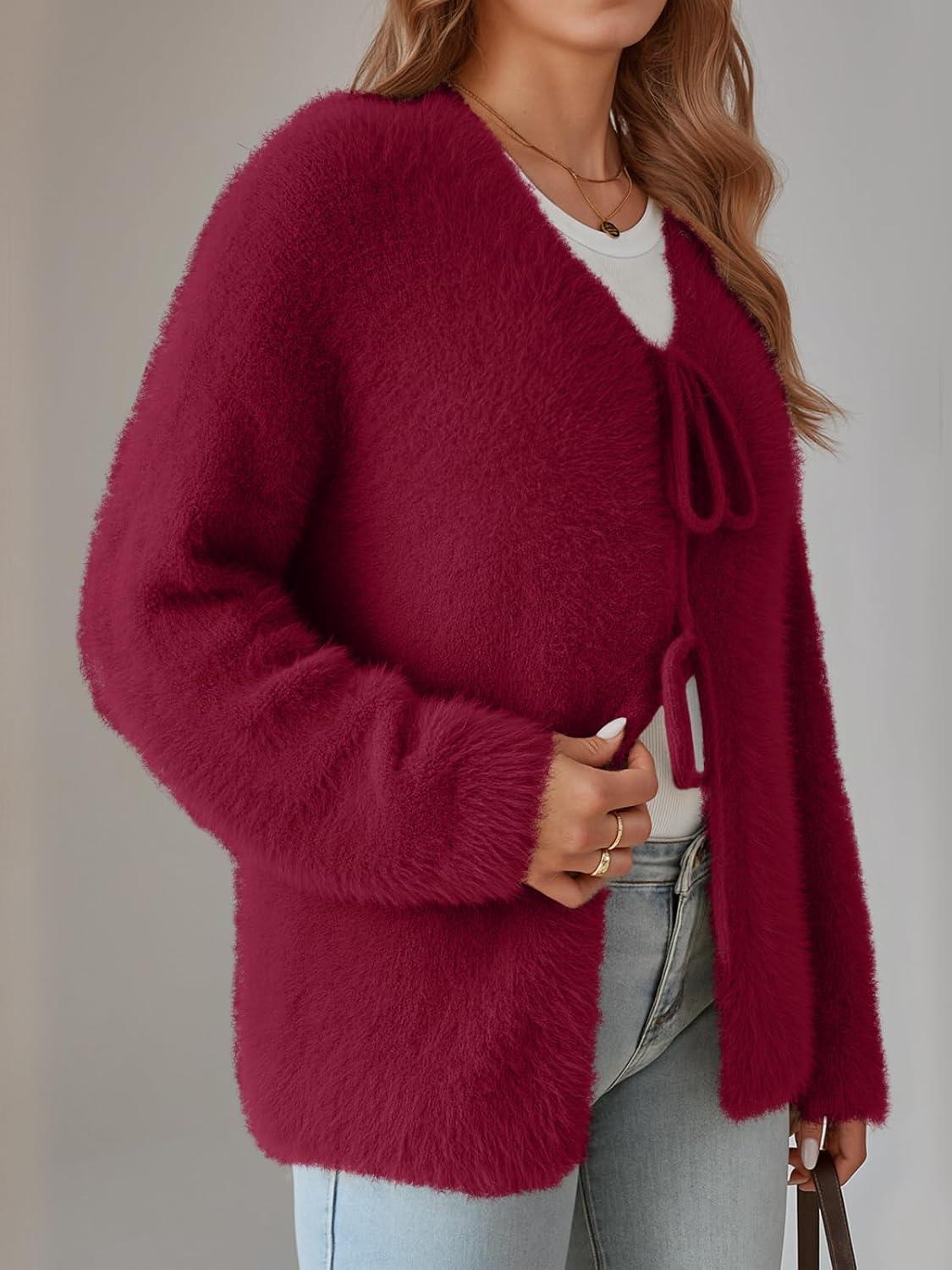 imageLILLUSORY Women Chunky Cardigan Sweater Fall Oversized Cozy Bow Tie Front Outfit V Neck Trendy Fashion Fuzzy ClothesWine