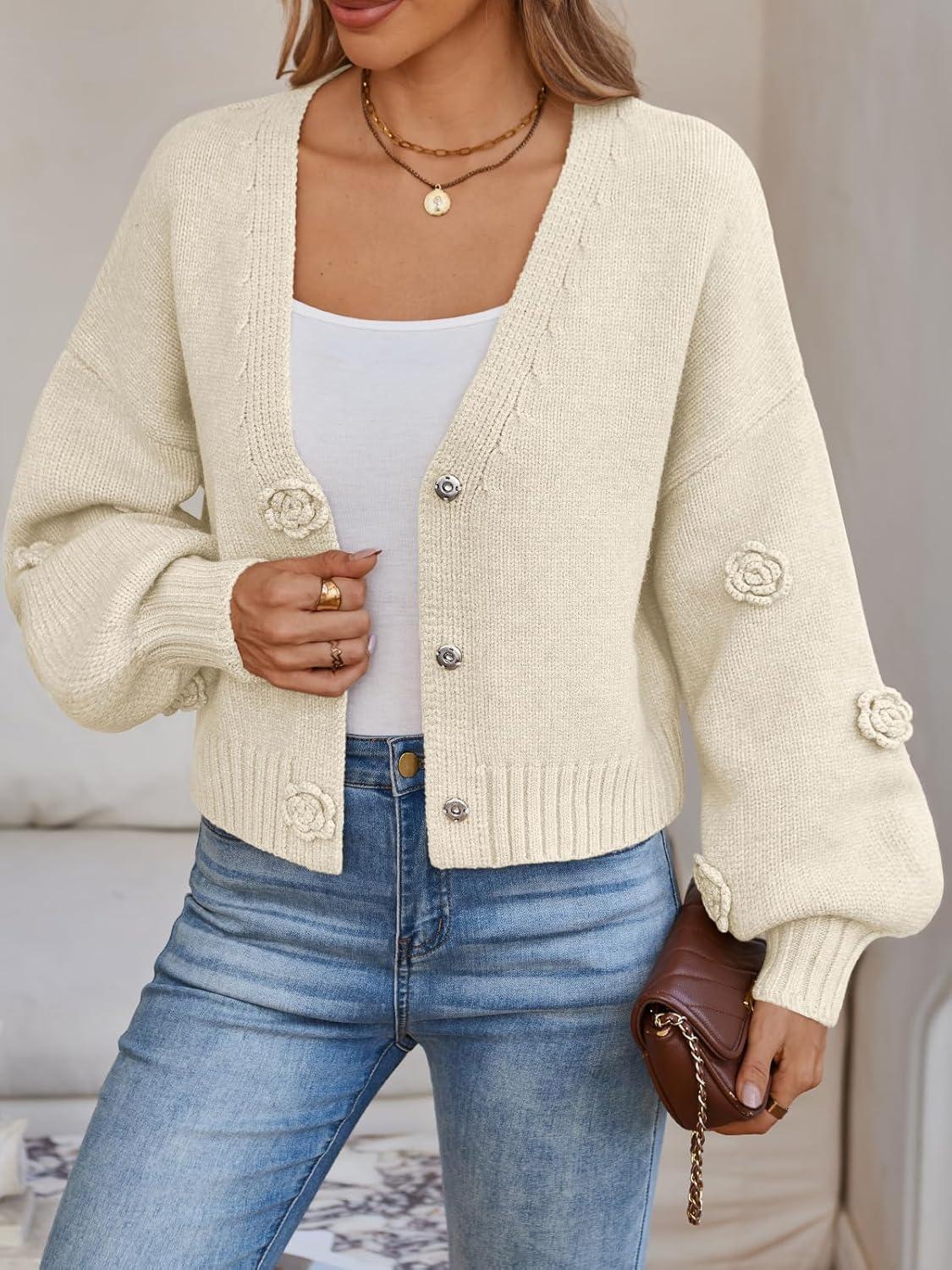 imageLILLUSORY Women Chunky Cropped Cardigan Sweater Fall Oversized V Neck Clothes Y2K Cozy Puff Sleeve Floral Outfit FashionApricot