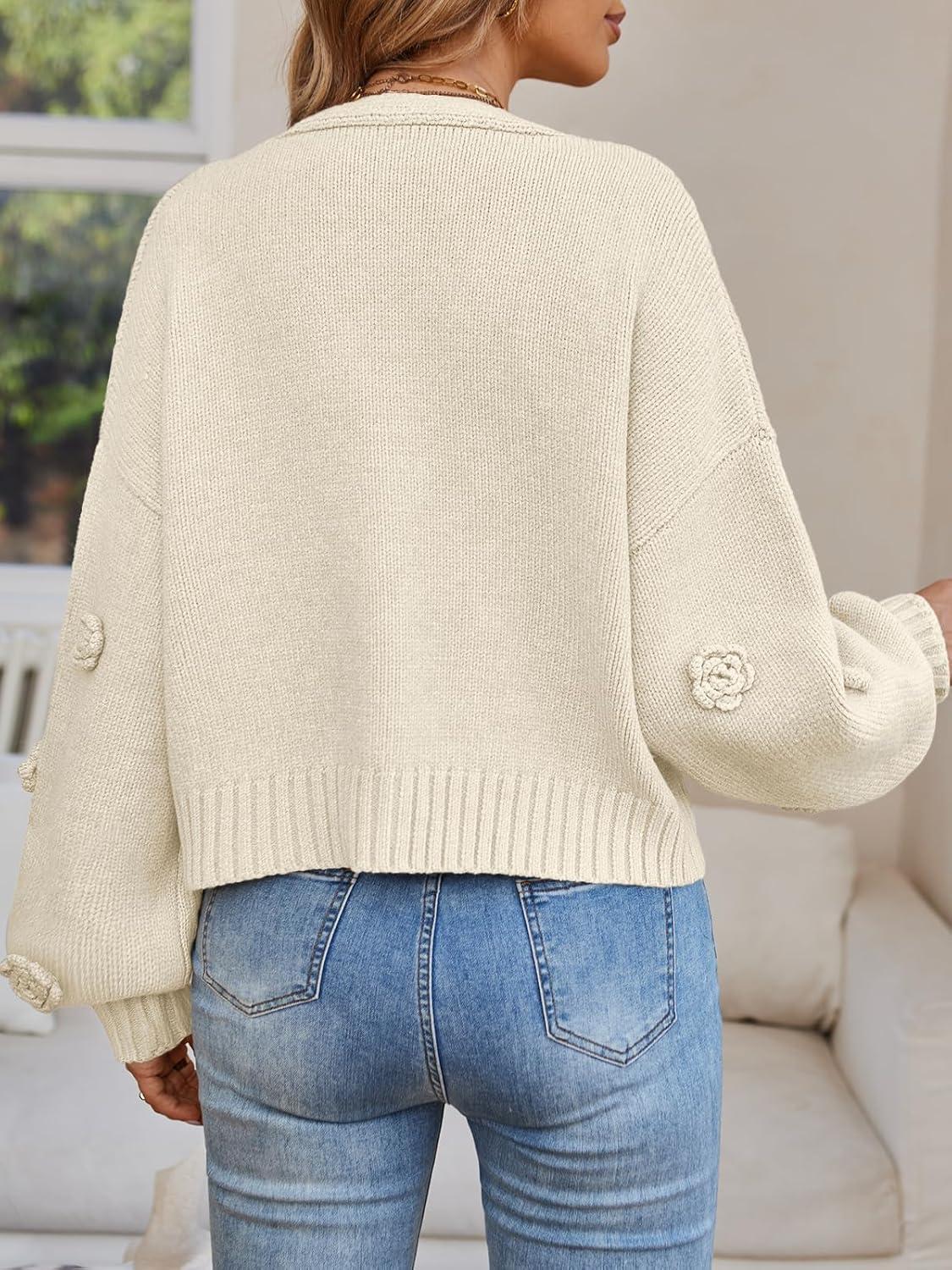 imageLILLUSORY Women Chunky Cropped Cardigan Sweater Fall Oversized V Neck Clothes Y2K Cozy Puff Sleeve Floral Outfit FashionApricot
