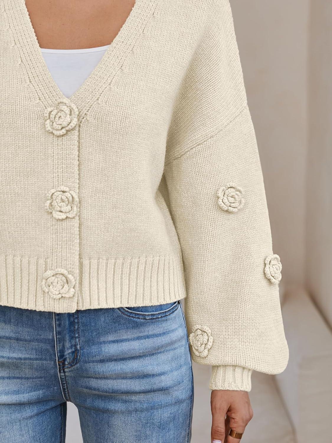 imageLILLUSORY Women Chunky Cropped Cardigan Sweater Fall Oversized V Neck Clothes Y2K Cozy Puff Sleeve Floral Outfit FashionApricot