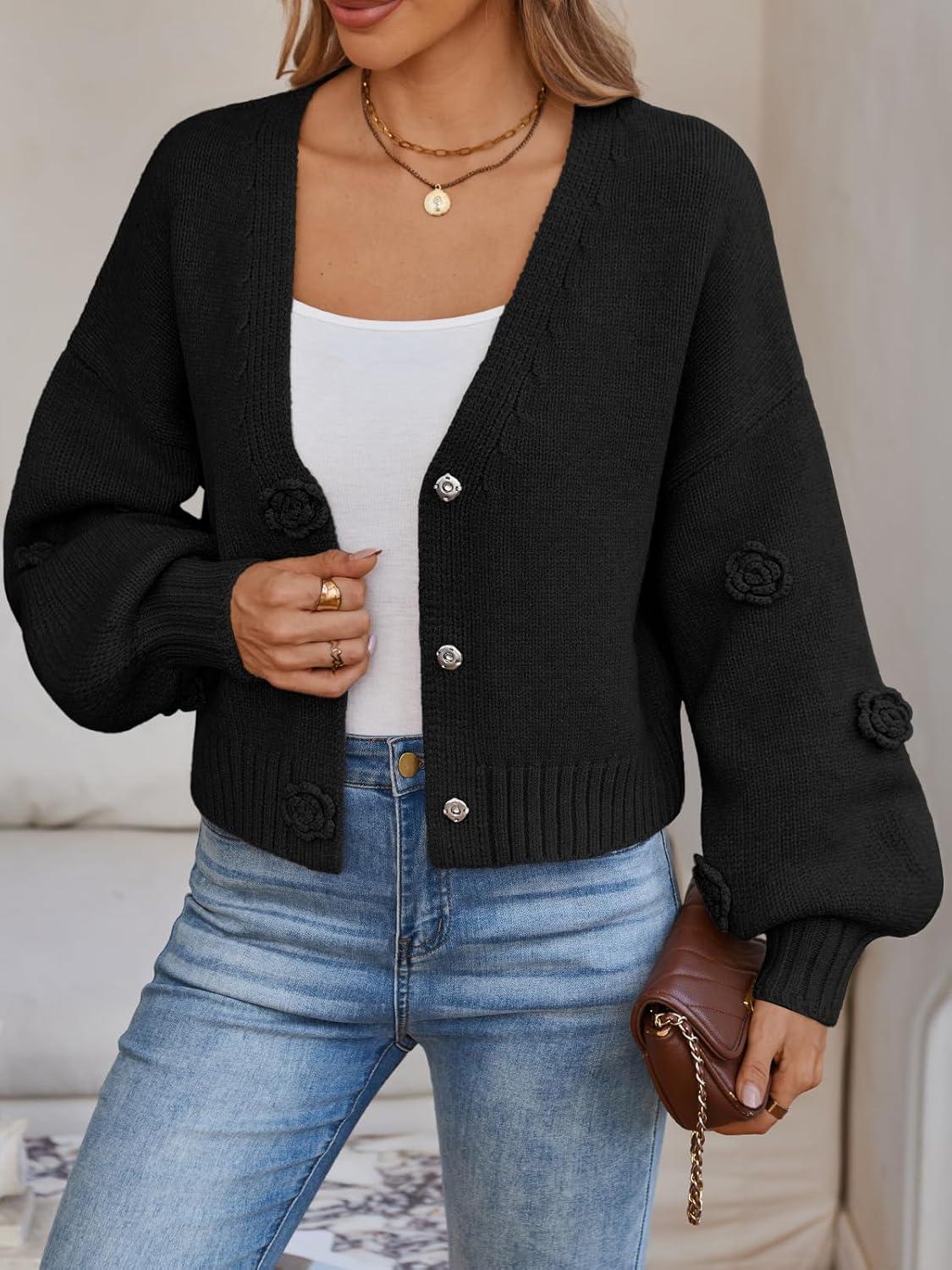 imageLILLUSORY Women Chunky Cropped Cardigan Sweater Fall Oversized V Neck Clothes Y2K Cozy Puff Sleeve Floral Outfit FashionBlack