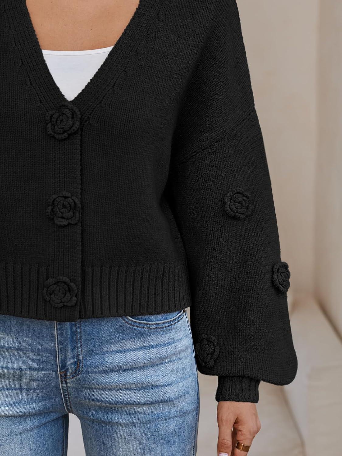 imageLILLUSORY Women Chunky Cropped Cardigan Sweater Fall Oversized V Neck Clothes Y2K Cozy Puff Sleeve Floral Outfit FashionBlack