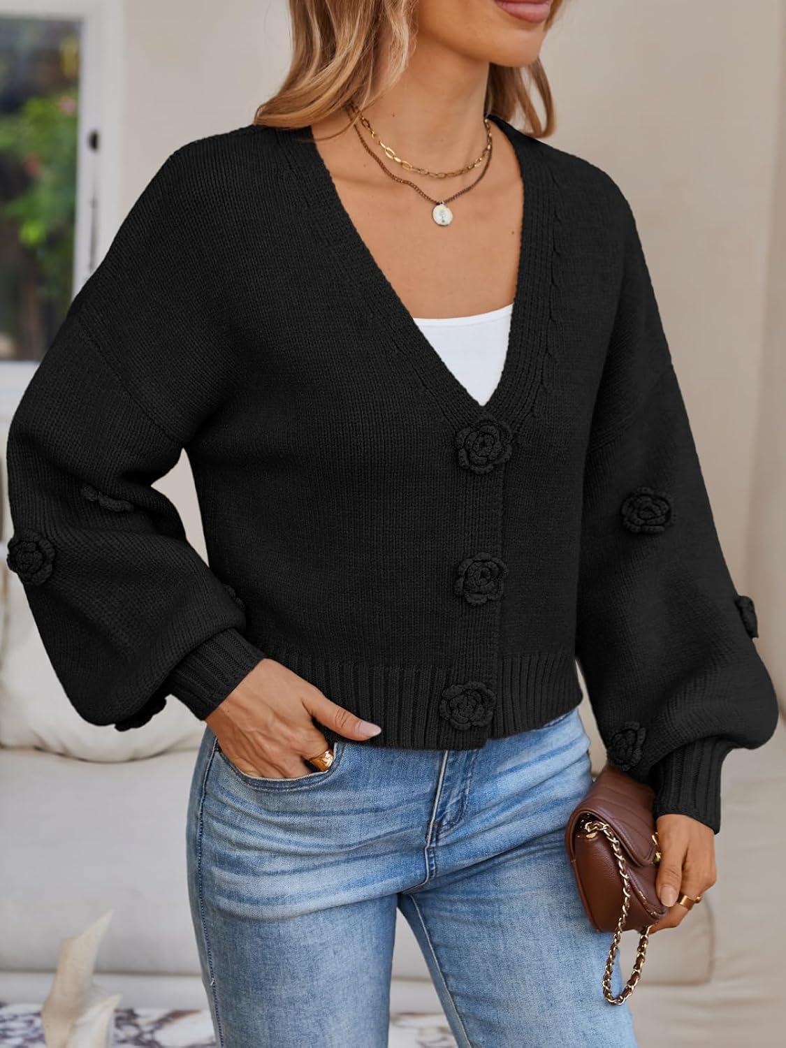 imageLILLUSORY Women Chunky Cropped Cardigan Sweater Fall Oversized V Neck Clothes Y2K Cozy Puff Sleeve Floral Outfit FashionBlack