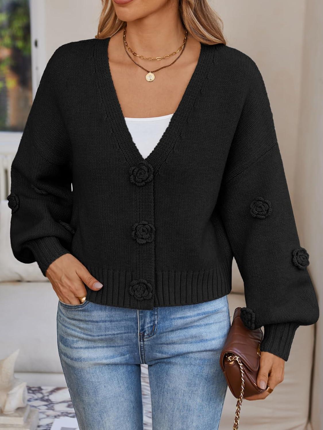 imageLILLUSORY Women Chunky Cropped Cardigan Sweater Fall Oversized V Neck Clothes Y2K Cozy Puff Sleeve Floral Outfit FashionBlack