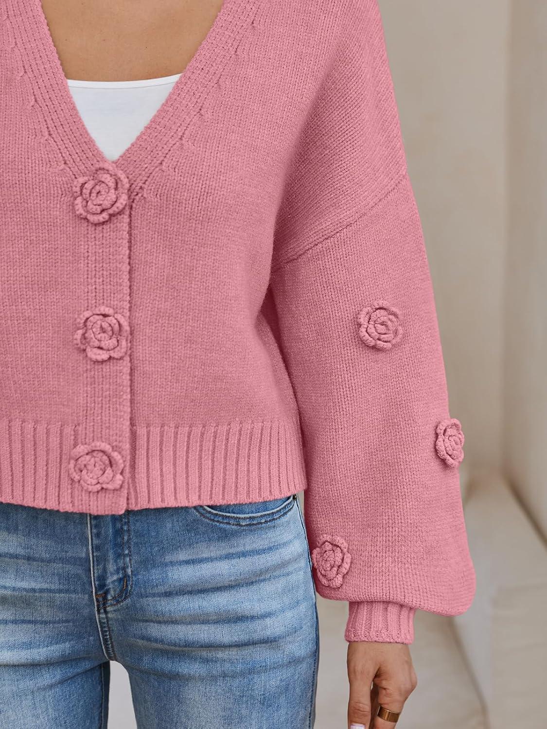 imageLILLUSORY Women Chunky Cropped Cardigan Sweater Fall Oversized V Neck Clothes Y2K Cozy Puff Sleeve Floral Outfit FashionPink