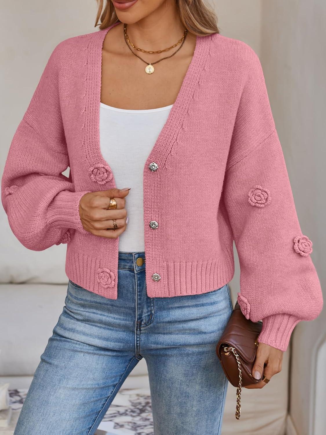 imageLILLUSORY Women Chunky Cropped Cardigan Sweater Fall Oversized V Neck Clothes Y2K Cozy Puff Sleeve Floral Outfit FashionPink