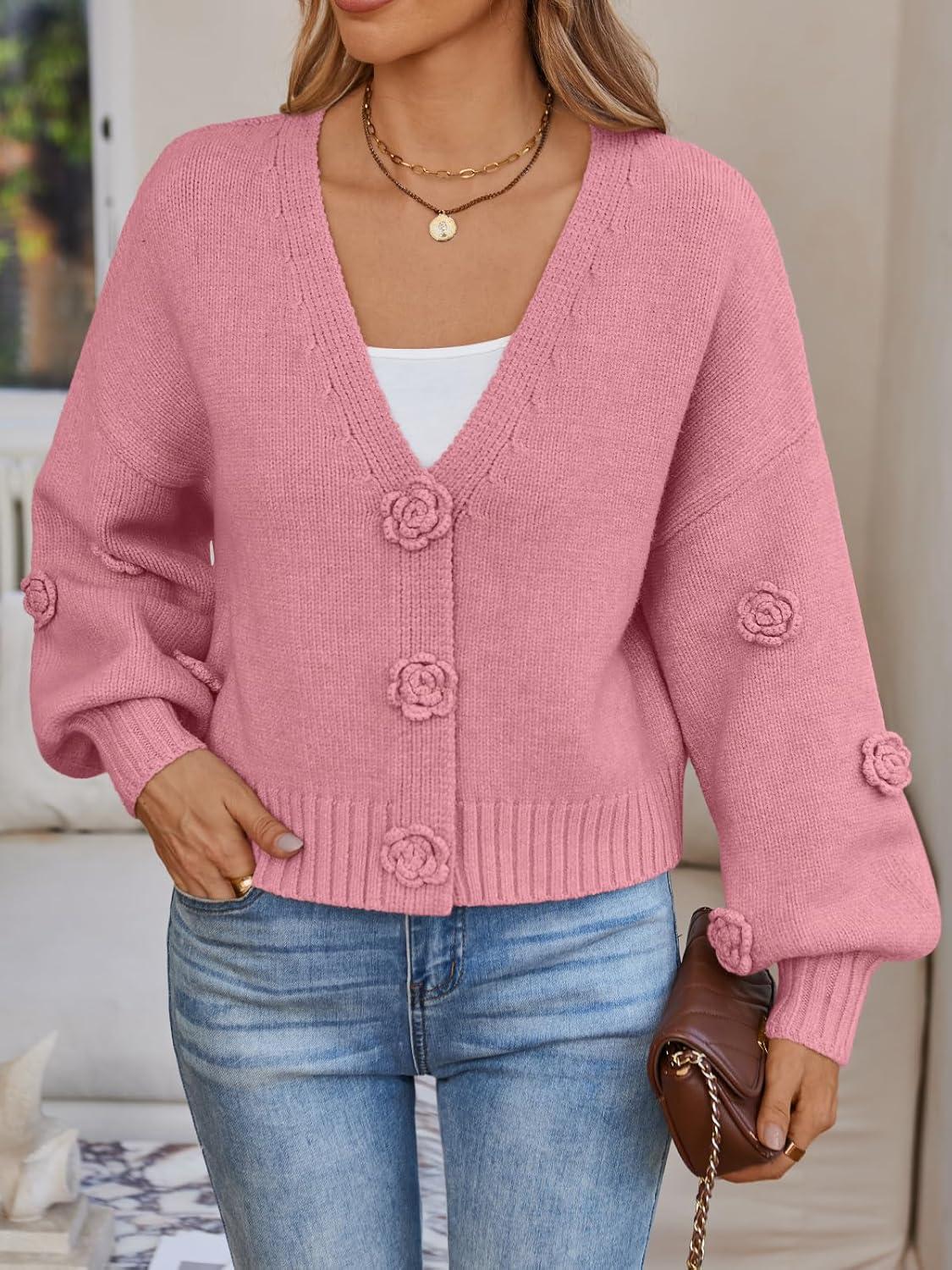 imageLILLUSORY Women Chunky Cropped Cardigan Sweater Fall Oversized V Neck Clothes Y2K Cozy Puff Sleeve Floral Outfit FashionPink