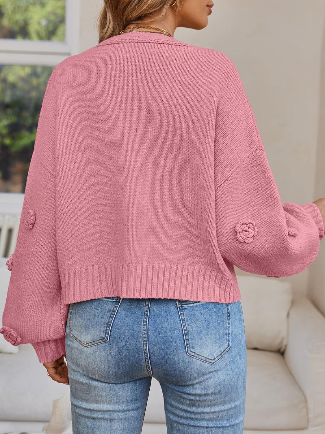 imageLILLUSORY Women Chunky Cropped Cardigan Sweater Fall Oversized V Neck Clothes Y2K Cozy Puff Sleeve Floral Outfit FashionPink