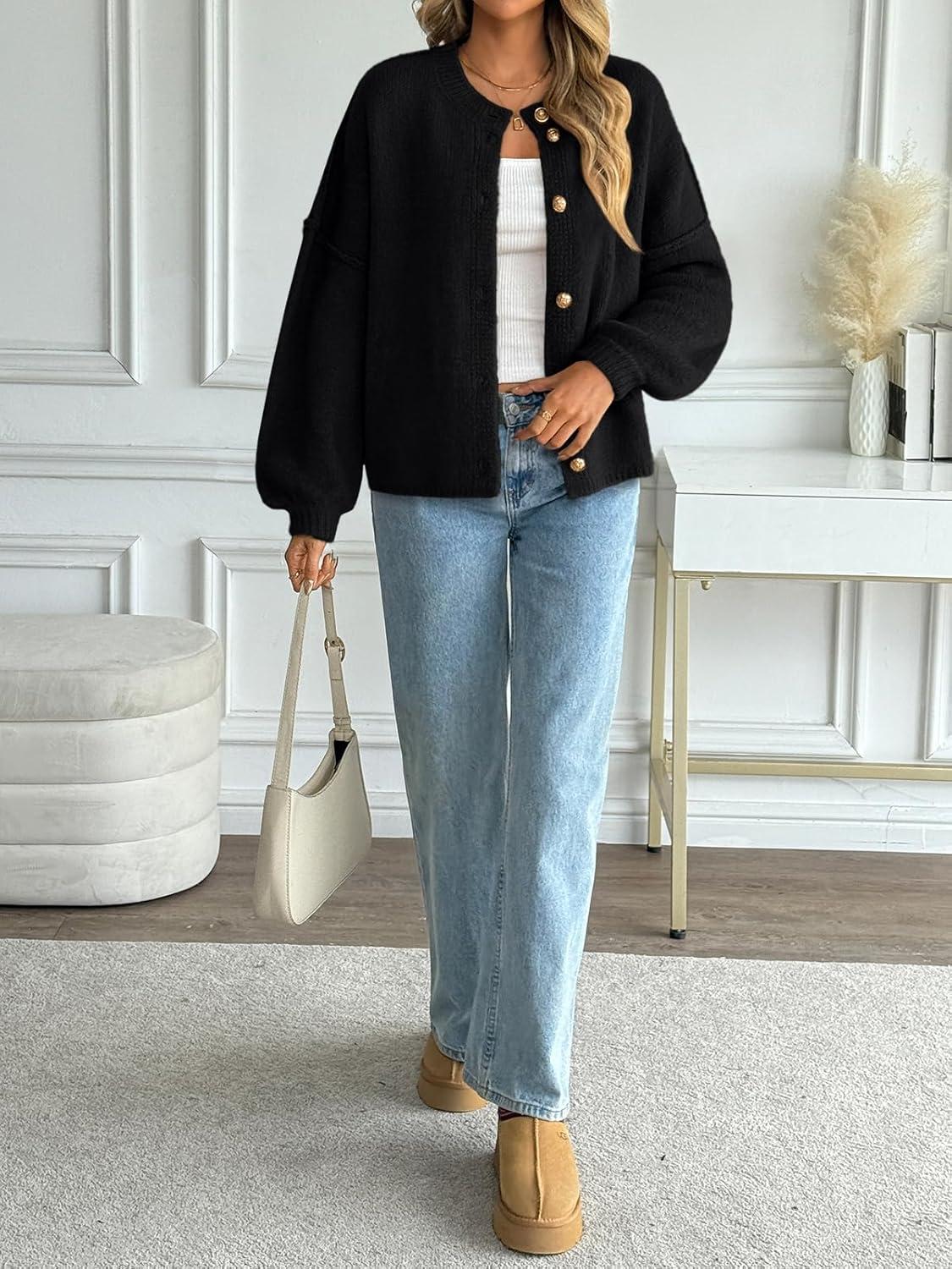 imageLILLUSORY Women Chunky Cropped Oversized Cardigan Sweater Fall Cozy Outfit Fashion Clothes Winter Trendy 2025 Button CoatBlack