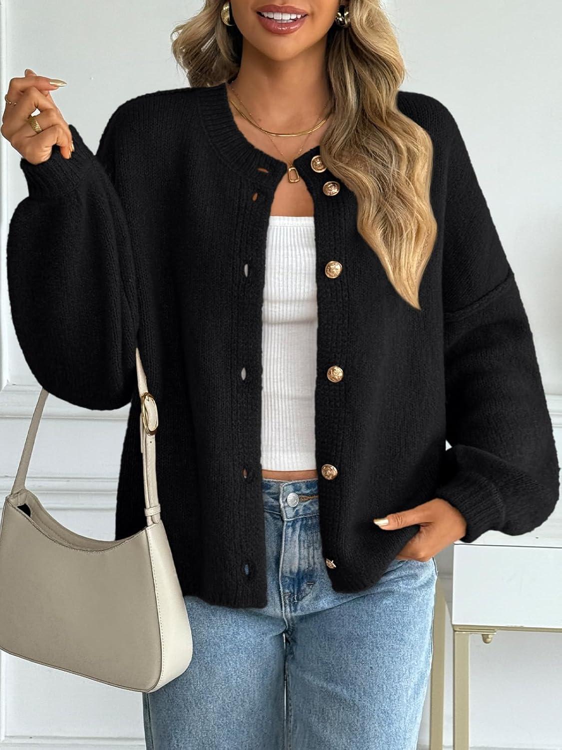 imageLILLUSORY Women Chunky Cropped Oversized Cardigan Sweater Fall Cozy Outfit Fashion Clothes Winter Trendy 2025 Button CoatBlack