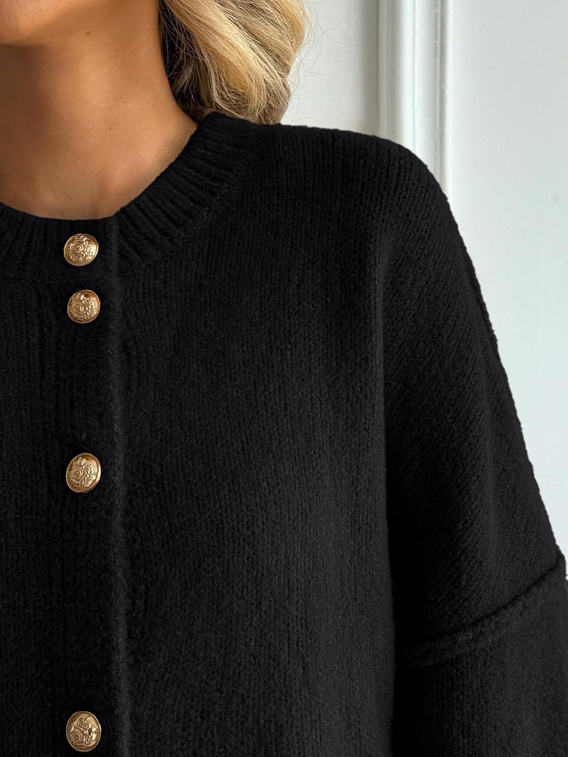 imageLILLUSORY Women Chunky Cropped Oversized Cardigan Sweater Fall Cozy Outfit Fashion Clothes Winter Trendy 2025 Button CoatBlack