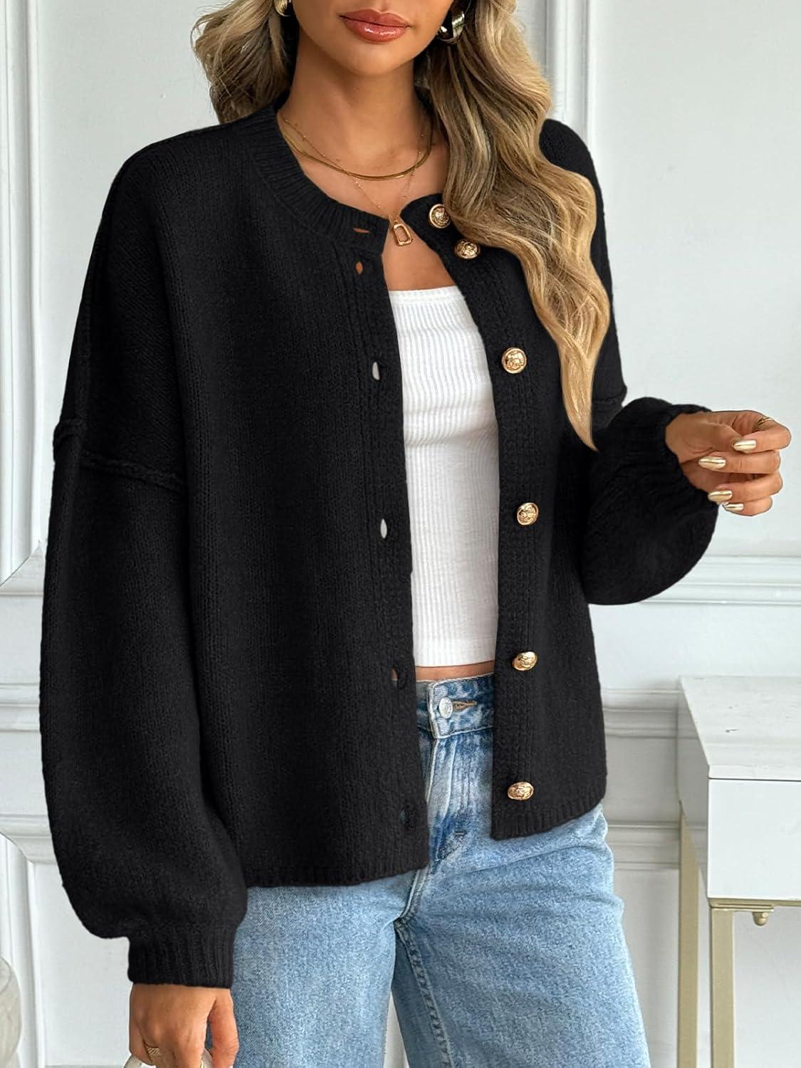 imageLILLUSORY Women Chunky Cropped Oversized Cardigan Sweater Fall Cozy Outfit Fashion Clothes Winter Trendy 2025 Button CoatBlack