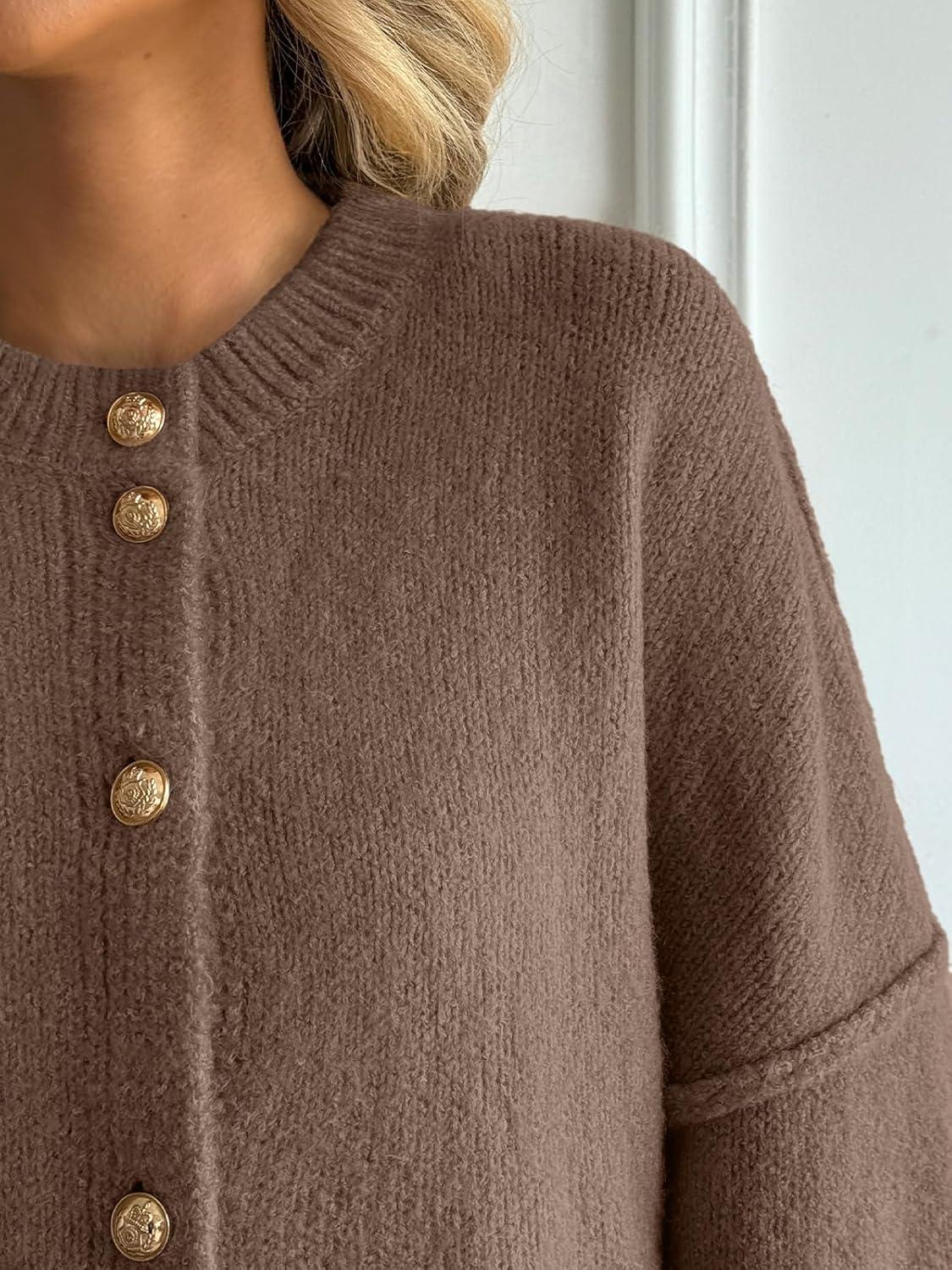 imageLILLUSORY Women Chunky Cropped Oversized Cardigan Sweater Fall Cozy Outfit Fashion Clothes Winter Trendy 2025 Button CoatNutmeg