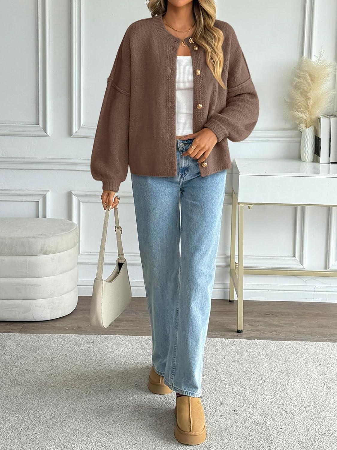 imageLILLUSORY Women Chunky Cropped Oversized Cardigan Sweater Fall Cozy Outfit Fashion Clothes Winter Trendy 2025 Button CoatNutmeg