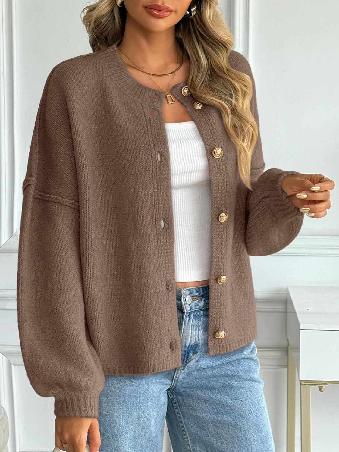 imageLILLUSORY Women Chunky Cropped Oversized Cardigan Sweater Fall Cozy Outfit Fashion Clothes Winter Trendy 2025 Button CoatNutmeg