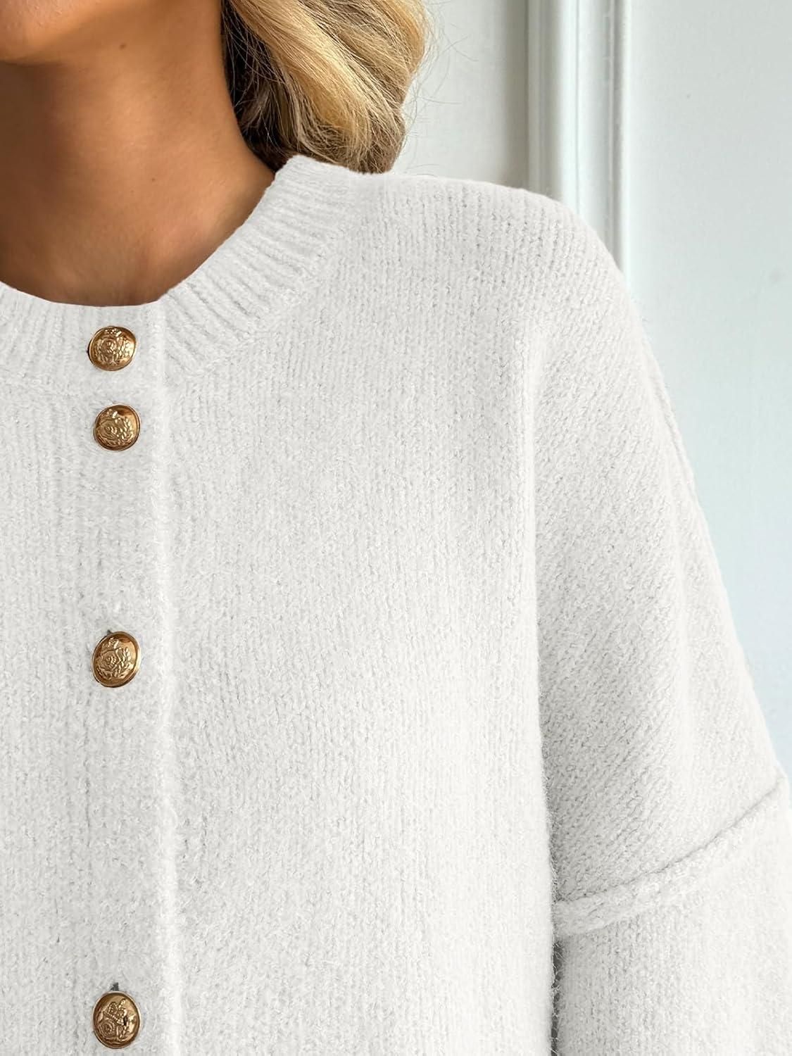 imageLILLUSORY Women Chunky Cropped Oversized Cardigan Sweater Fall Cozy Outfit Fashion Clothes Winter Trendy 2025 Button CoatWhite