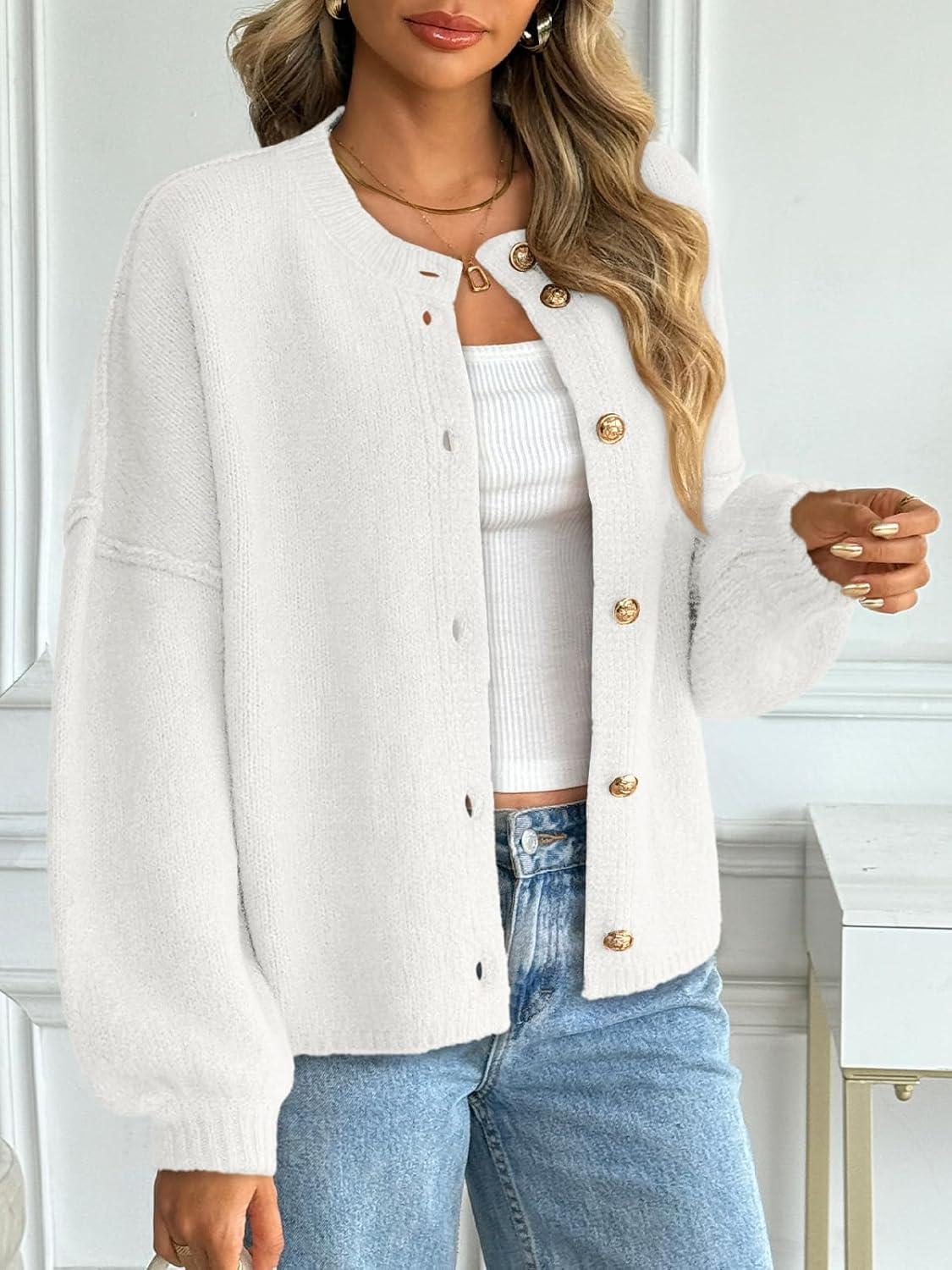 imageLILLUSORY Women Chunky Cropped Oversized Cardigan Sweater Fall Cozy Outfit Fashion Clothes Winter Trendy 2025 Button CoatWhite