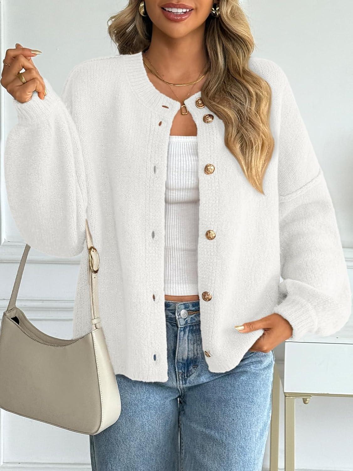imageLILLUSORY Women Chunky Cropped Oversized Cardigan Sweater Fall Cozy Outfit Fashion Clothes Winter Trendy 2025 Button CoatWhite