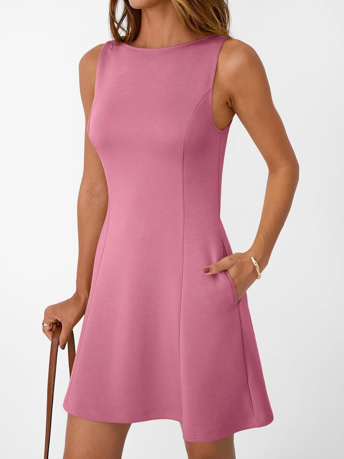 imageLILLUSORY Womens ALine Boat Neck Flowy Mini Dress Summer 2025 Going Out Party Club Vacation Sleeveless Tank DressesPink