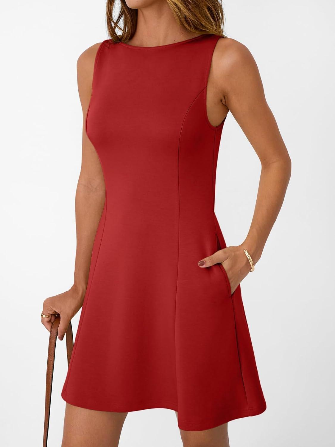 imageLILLUSORY Womens ALine Boat Neck Flowy Mini Dress Summer 2025 Going Out Party Club Vacation Sleeveless Tank DressesRed