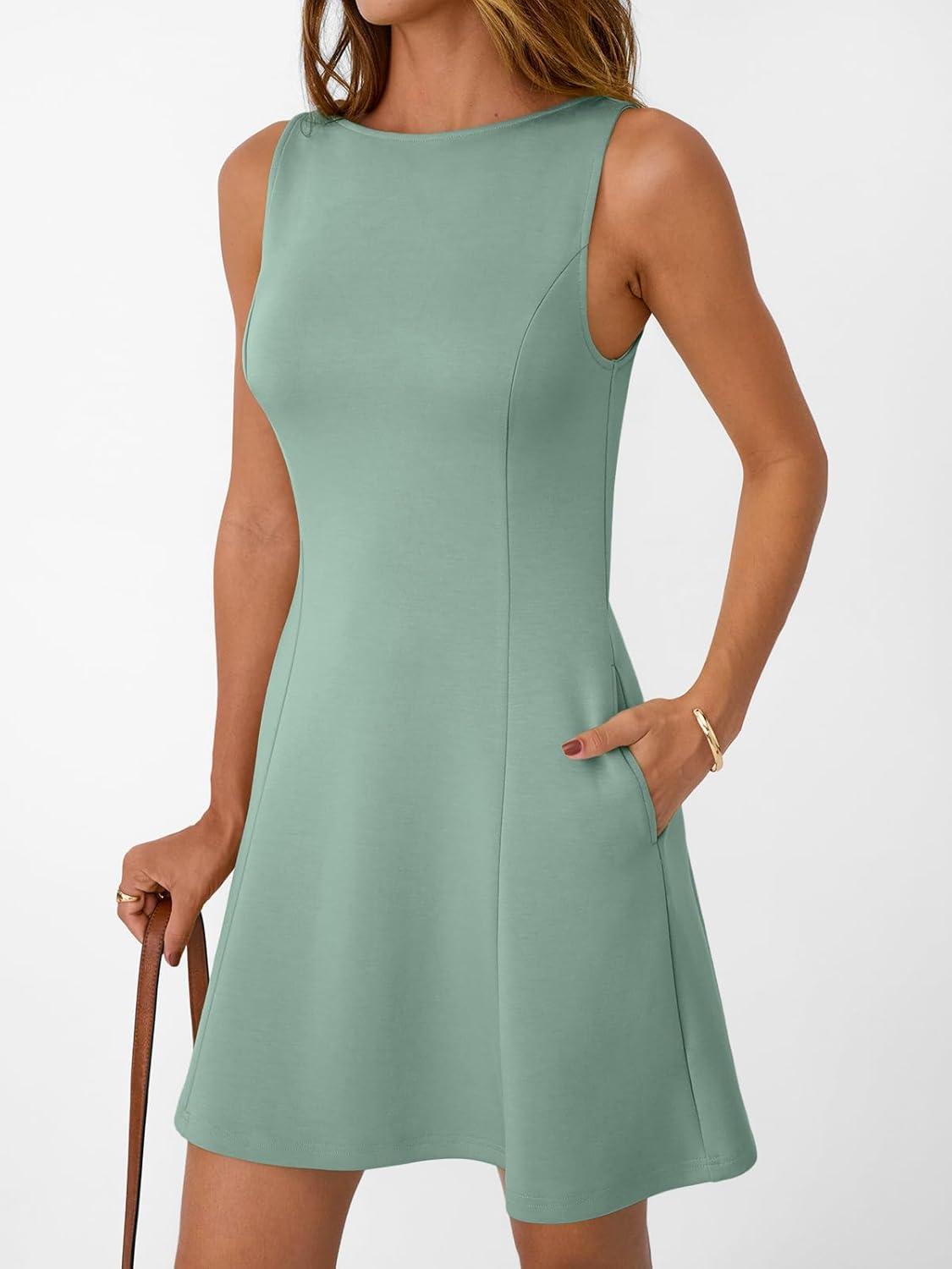 imageLILLUSORY Womens ALine Boat Neck Flowy Mini Dress Summer 2025 Going Out Party Club Vacation Sleeveless Tank DressesSage