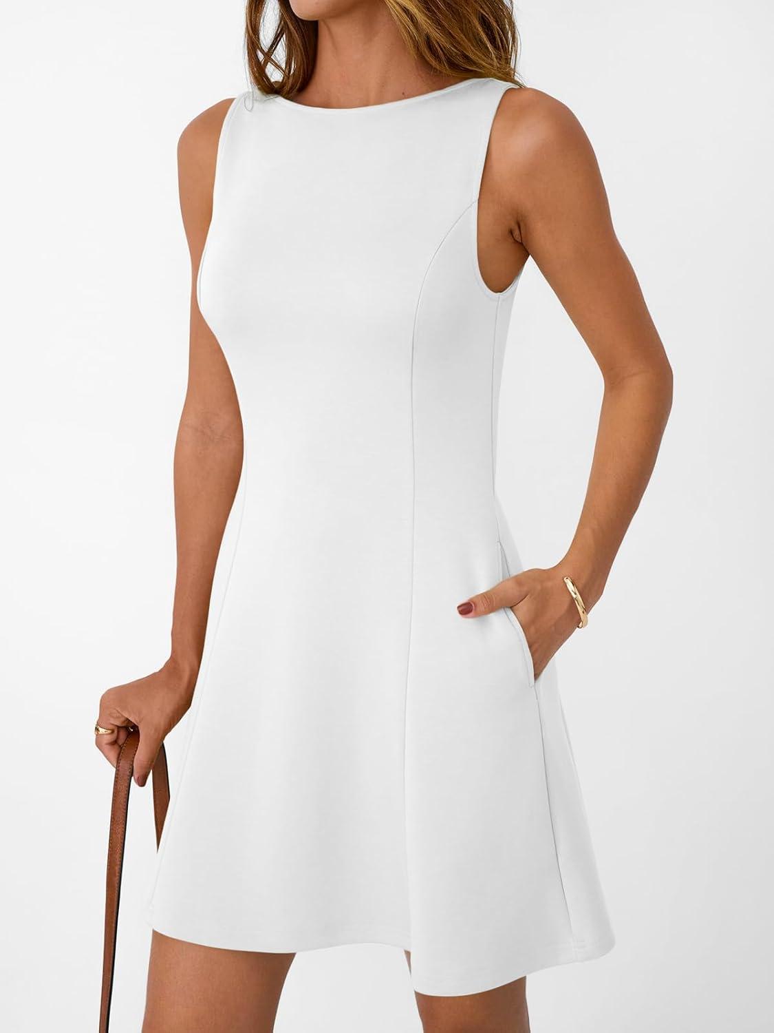 imageLILLUSORY Womens ALine Boat Neck Flowy Mini Dress Summer 2025 Going Out Party Club Vacation Sleeveless Tank DressesWhite