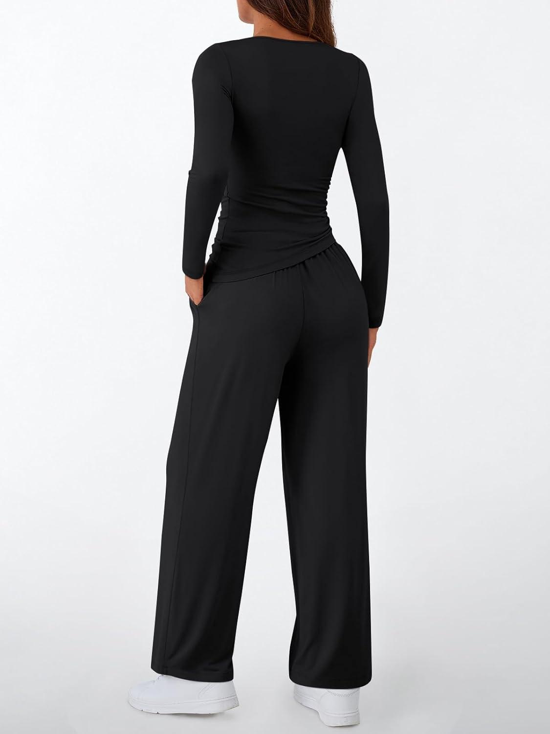 imageLILLUSORY Womens Boat Neck Long Sleeve Side Ruching Asymmetric Hem Top Wide Leg Pants 2 Piece Casual Lounge Set with PocketsBlack