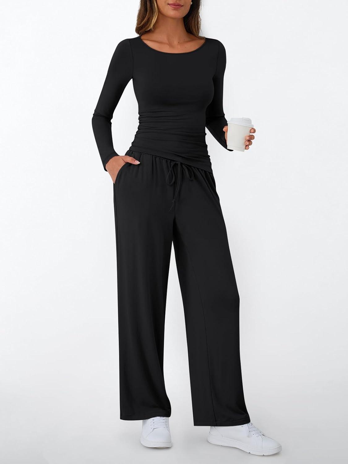 imageLILLUSORY Womens Boat Neck Long Sleeve Side Ruching Asymmetric Hem Top Wide Leg Pants 2 Piece Casual Lounge Set with PocketsBlack