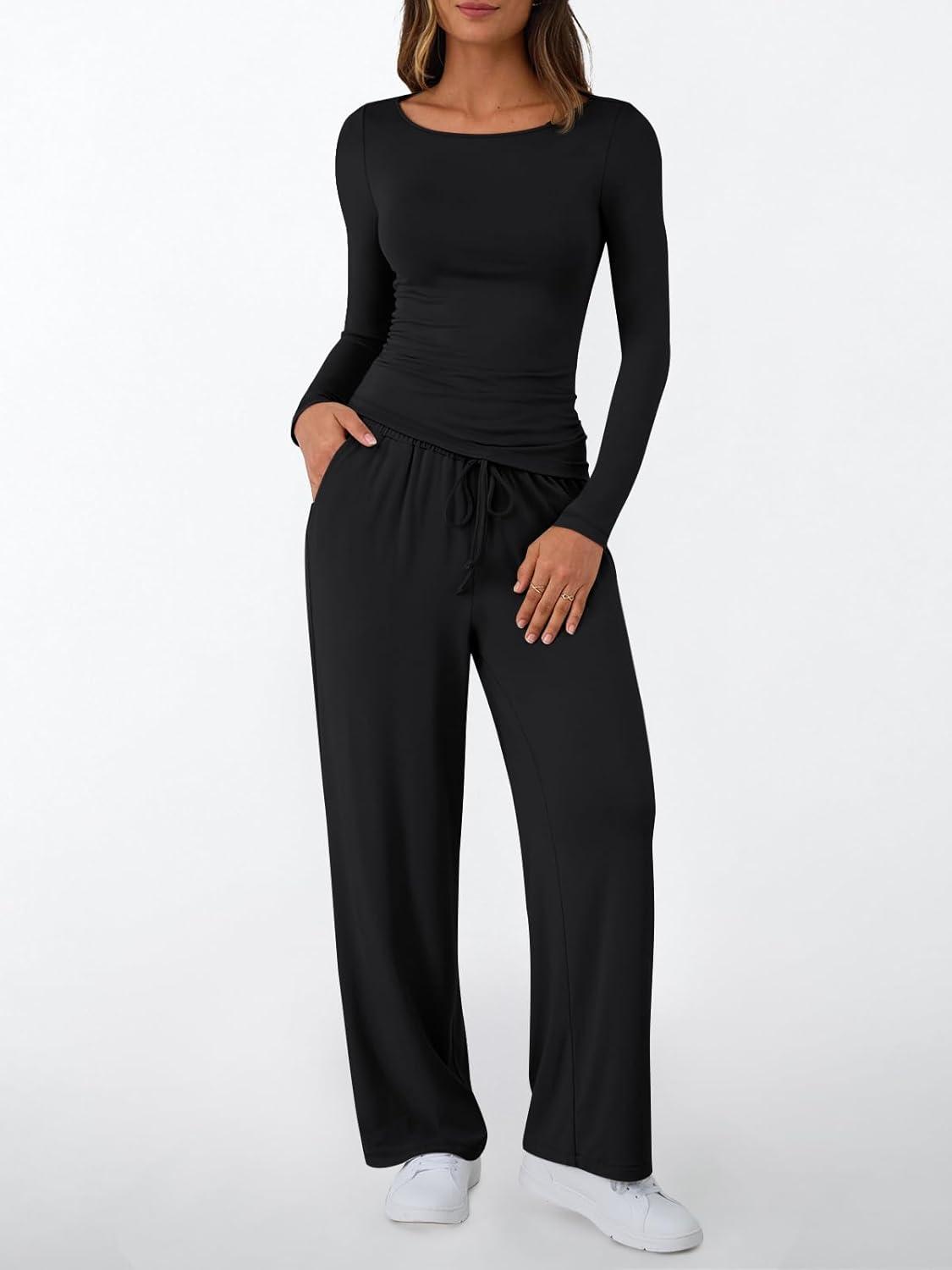 imageLILLUSORY Womens Boat Neck Long Sleeve Side Ruching Asymmetric Hem Top Wide Leg Pants 2 Piece Casual Lounge Set with PocketsBlack