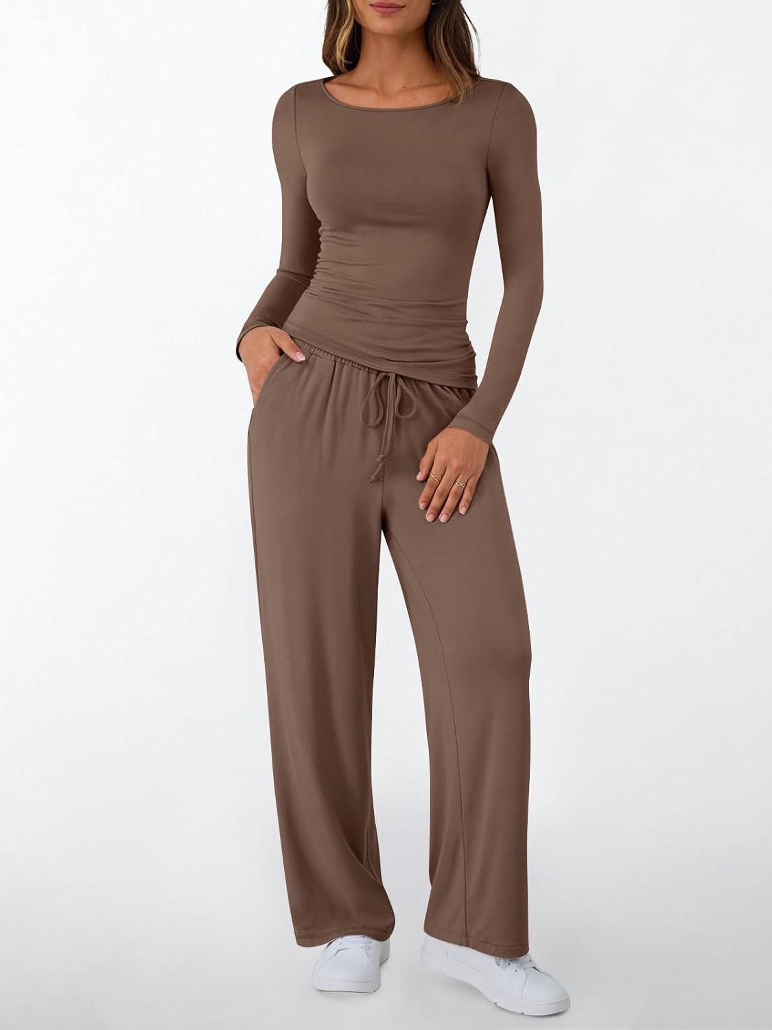 imageLILLUSORY Womens Boat Neck Long Sleeve Side Ruching Asymmetric Hem Top Wide Leg Pants 2 Piece Casual Lounge Set with PocketsCoffee Grey