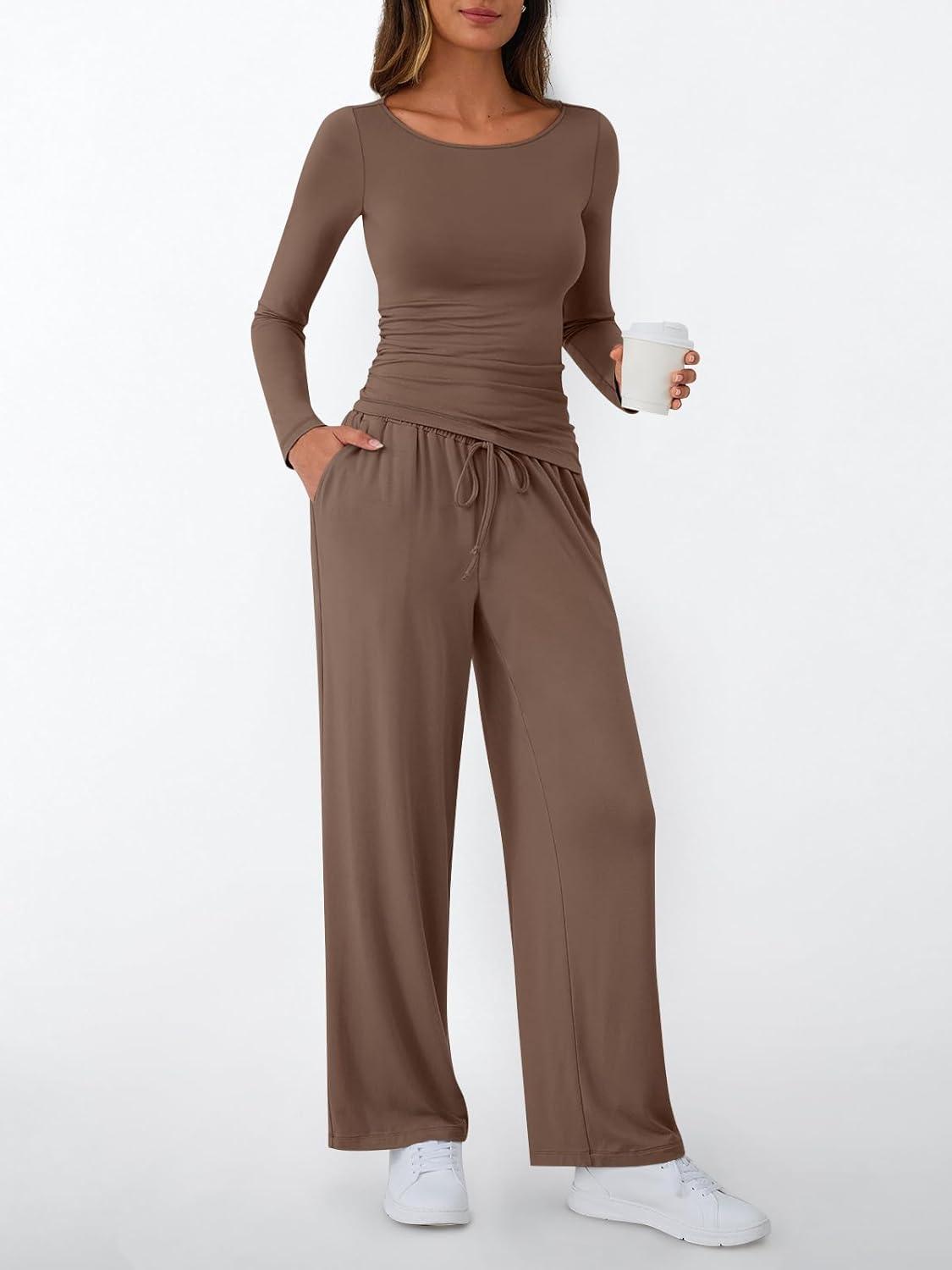 imageLILLUSORY Womens Boat Neck Long Sleeve Side Ruching Asymmetric Hem Top Wide Leg Pants 2 Piece Casual Lounge Set with PocketsCoffee Grey