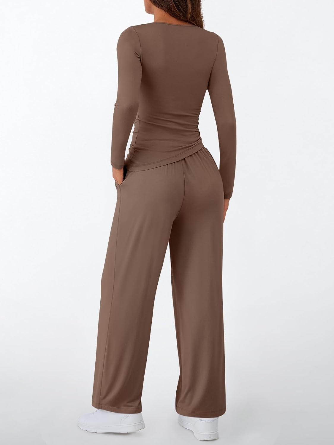 imageLILLUSORY Womens Boat Neck Long Sleeve Side Ruching Asymmetric Hem Top Wide Leg Pants 2 Piece Casual Lounge Set with PocketsCoffee Grey