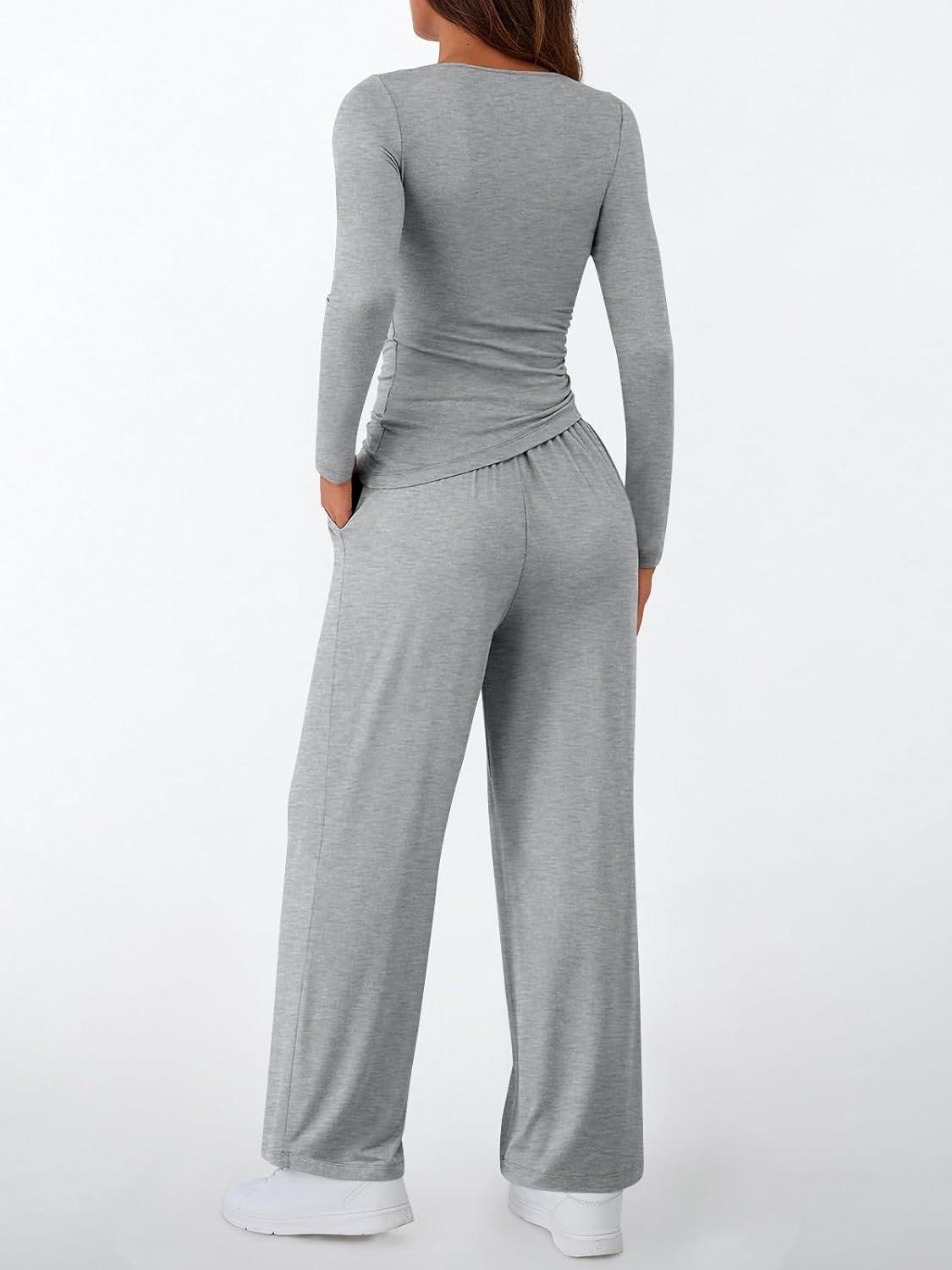imageLILLUSORY Womens Boat Neck Long Sleeve Side Ruching Asymmetric Hem Top Wide Leg Pants 2 Piece Casual Lounge Set with PocketsGrey