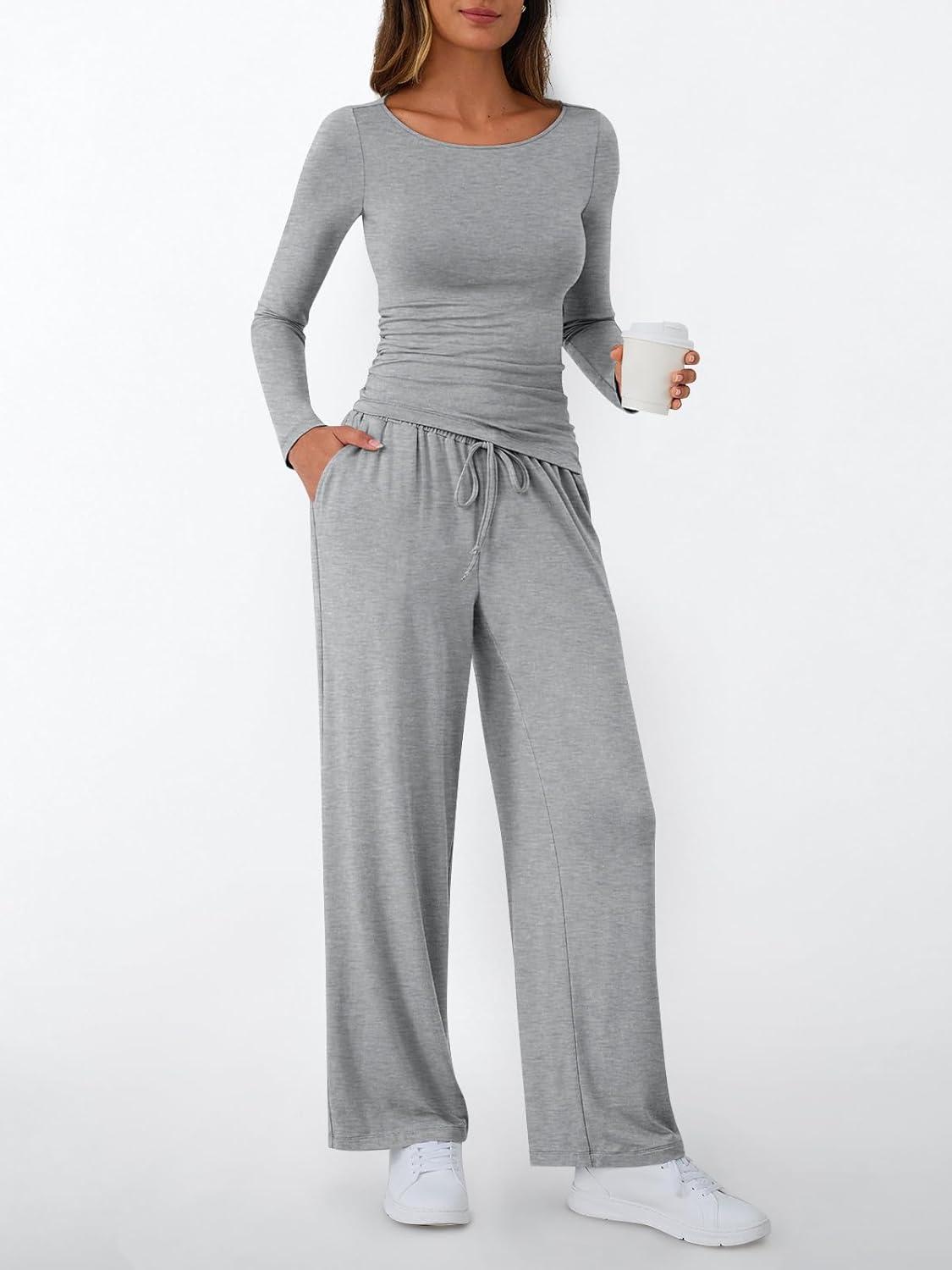 imageLILLUSORY Womens Boat Neck Long Sleeve Side Ruching Asymmetric Hem Top Wide Leg Pants 2 Piece Casual Lounge Set with PocketsGrey