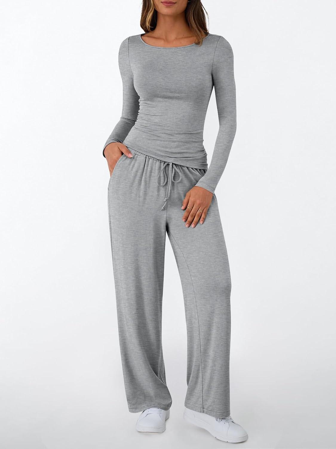 imageLILLUSORY Womens Boat Neck Long Sleeve Side Ruching Asymmetric Hem Top Wide Leg Pants 2 Piece Casual Lounge Set with PocketsGrey