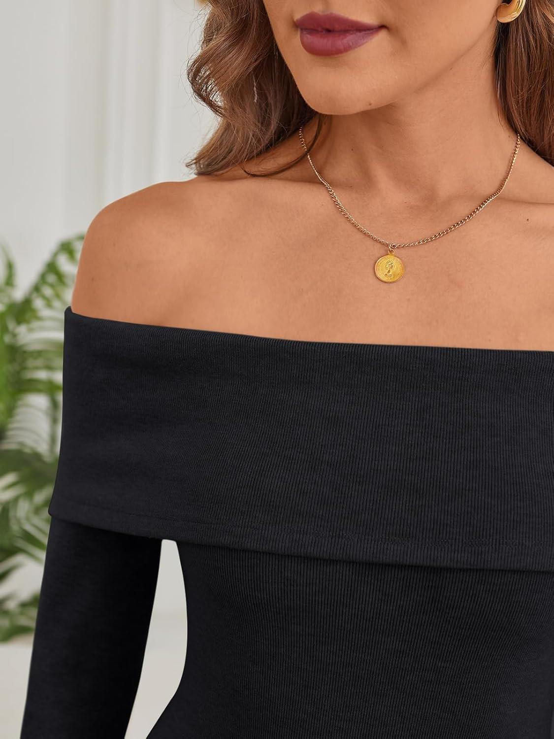 imageLILLUSORY Womens Off The Shoulder Sweater Dress Bodycon Maxi Long Sleeve Party DressesBlack