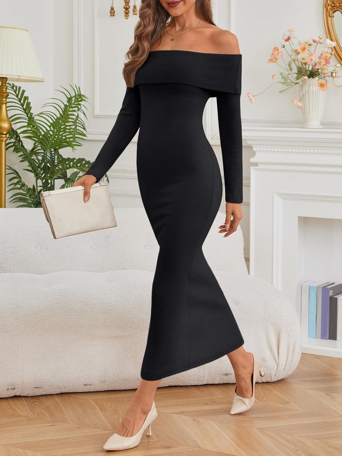 imageLILLUSORY Womens Off The Shoulder Sweater Dress Bodycon Maxi Long Sleeve Party DressesBlack