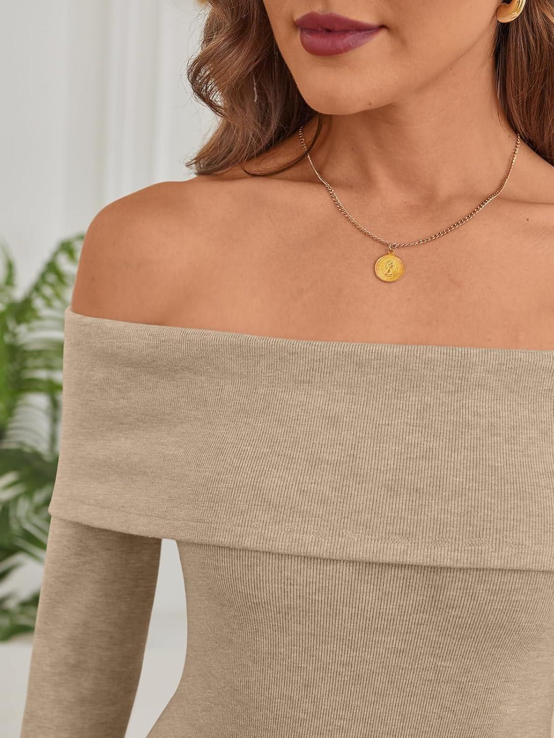 imageLILLUSORY Womens Off The Shoulder Sweater Dress Bodycon Maxi Long Sleeve Party DressesTan