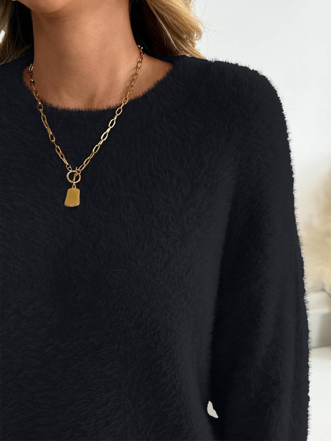 imageLILLUSORY Womens Oversized Fuzzy Chunky Sweaters Cute Fall Cozy Fashion Tops Long Sleeve Crew Neck Trendy Clothes PulloverBlack