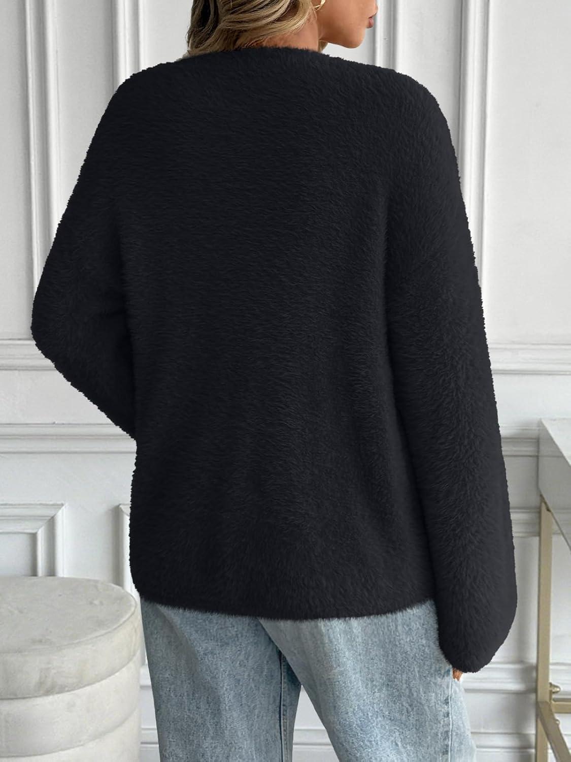 imageLILLUSORY Womens Oversized Fuzzy Chunky Sweaters Cute Fall Cozy Fashion Tops Long Sleeve Crew Neck Trendy Clothes PulloverBlack