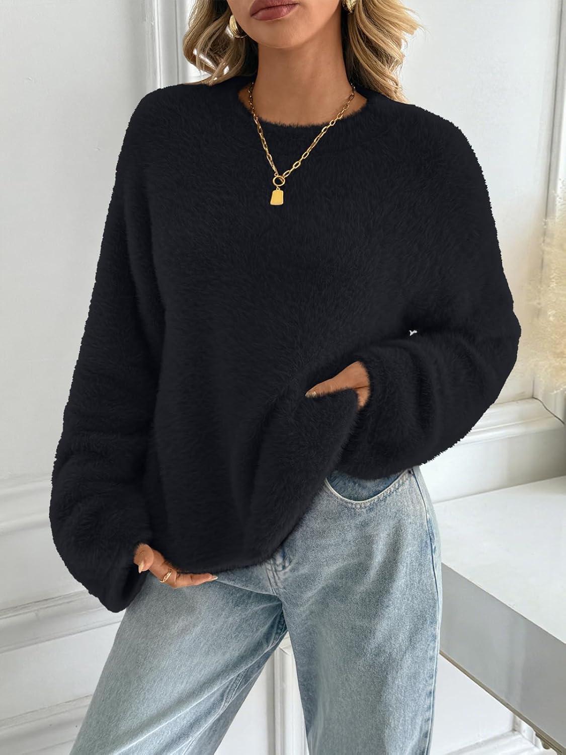 imageLILLUSORY Womens Oversized Fuzzy Chunky Sweaters Cute Fall Cozy Fashion Tops Long Sleeve Crew Neck Trendy Clothes PulloverBlack