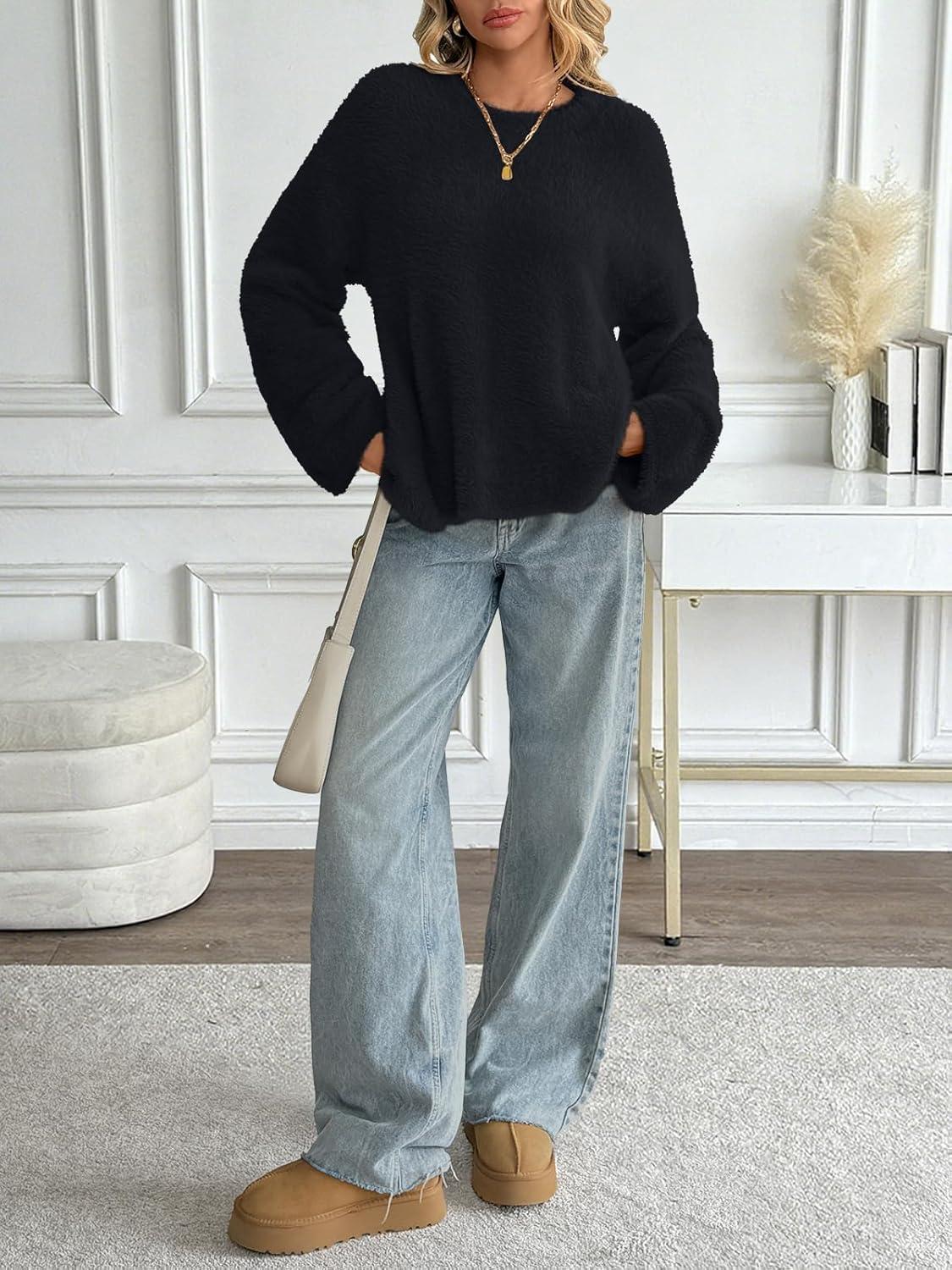 imageLILLUSORY Womens Oversized Fuzzy Chunky Sweaters Cute Fall Cozy Fashion Tops Long Sleeve Crew Neck Trendy Clothes PulloverBlack