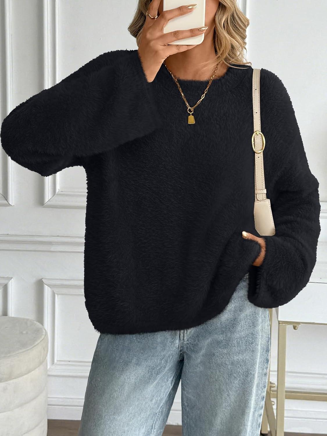 imageLILLUSORY Womens Oversized Fuzzy Chunky Sweaters Cute Fall Cozy Fashion Tops Long Sleeve Crew Neck Trendy Clothes PulloverBlack