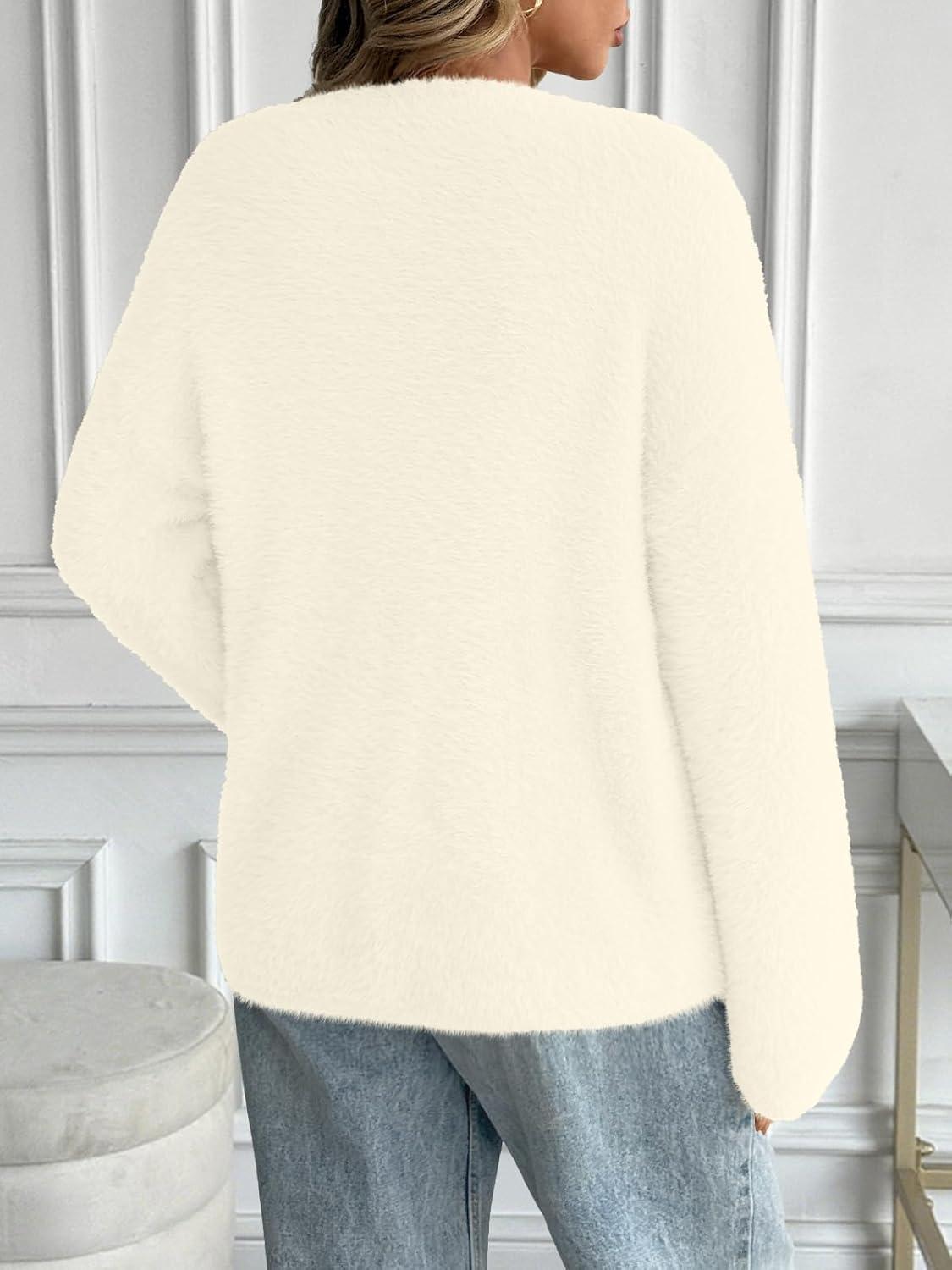 imageLILLUSORY Womens Oversized Fuzzy Chunky Sweaters Cute Fall Cozy Fashion Tops Long Sleeve Crew Neck Trendy Clothes PulloverIvory